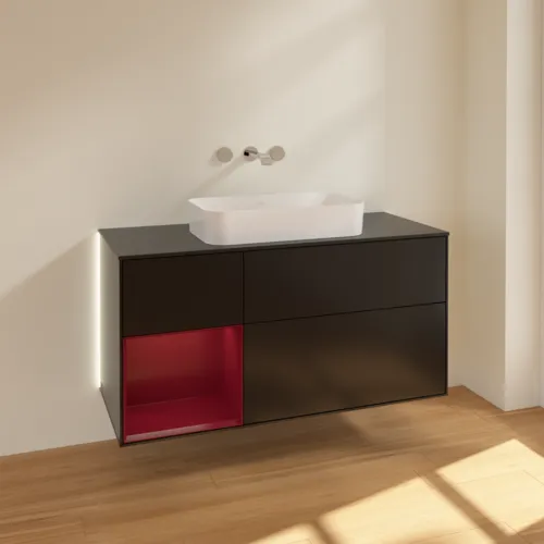 Bild von VILLEROY BOCH Finion Waschbeckenunterschrank, mit Beleuchtung, 3 Auszüge, 1200 x 603 x 501 mm, Black Matt Lacquer / Peony Matt Lacquer / Glass Black Matt #G702HBPD