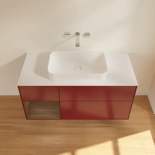 Picture of VILLEROY BOCH Finion Vanity unit, with lighting, 3 pull-out compartments, 1200 x 603 x 501 mm, Peony Matt Lacquer / Walnut Veneer / Glass White Matt #G701GNHB