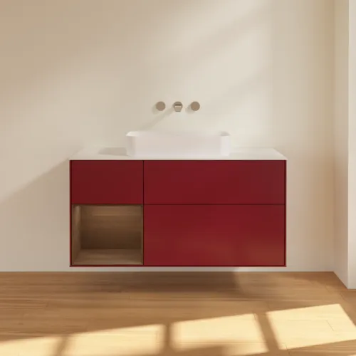 Picture of VILLEROY BOCH Finion Vanity unit, with lighting, 3 pull-out compartments, 1200 x 603 x 501 mm, Peony Matt Lacquer / Walnut Veneer / Glass White Matt #G701GNHB