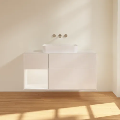 Picture of VILLEROY BOCH Finion Vanity unit, with lighting, 3 pull-out compartments, 1200 x 603 x 501 mm, Glossy White Lacquer / White Matt Lacquer / Glass White Matt #G701MTGF