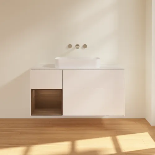 VILLEROY BOCH Finion Waschbeckenunterschrank, mit Beleuchtung, 3 Auszüge, 1200 x 603 x 501 mm, White Matt Lacquer / Walnut Veneer / Glass White Matt #G701GNMT, Bild 3