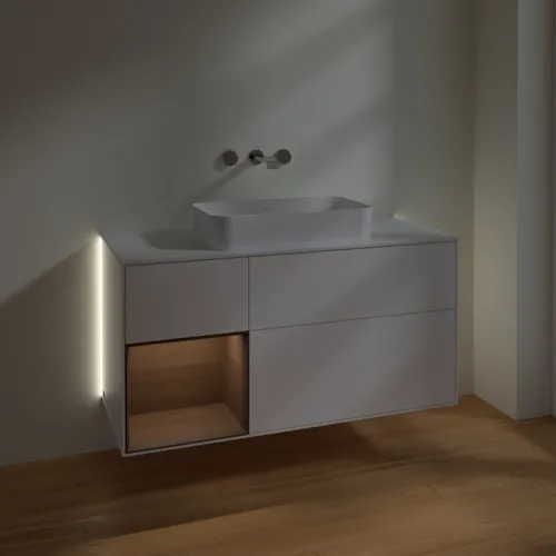 VILLEROY BOCH Finion Waschbeckenunterschrank, mit Beleuchtung, 3 Auszüge, 1200 x 603 x 501 mm, White Matt Lacquer / Walnut Veneer / Glass White Matt #G701GNMT, Bild 5