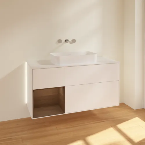 VILLEROY BOCH Finion Waschbeckenunterschrank, mit Beleuchtung, 3 Auszüge, 1200 x 603 x 501 mm, White Matt Lacquer / Walnut Veneer / Glass White Matt #G701GNMT, Bild 2