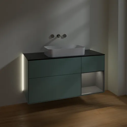 Bild von VILLEROY BOCH Finion Waschbeckenunterschrank, mit Beleuchtung, 3 Auszüge, 1200 x 603 x 501 mm, Olive Matt Lacquer / Anthracite Matt Lacquer / Glass Black Matt #G712GKGM