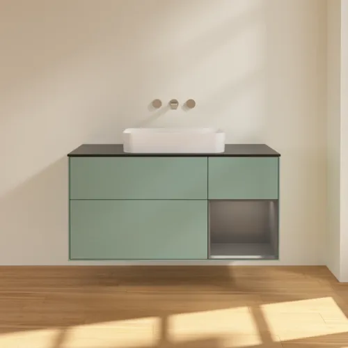 Bild von VILLEROY BOCH Finion Waschbeckenunterschrank, mit Beleuchtung, 3 Auszüge, 1200 x 603 x 501 mm, Olive Matt Lacquer / Anthracite Matt Lacquer / Glass Black Matt #G712GKGM