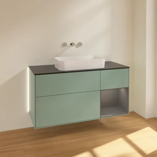 Bild von VILLEROY BOCH Finion Waschbeckenunterschrank, mit Beleuchtung, 3 Auszüge, 1200 x 603 x 501 mm, Olive Matt Lacquer / Anthracite Matt Lacquer / Glass Black Matt #G712GKGM