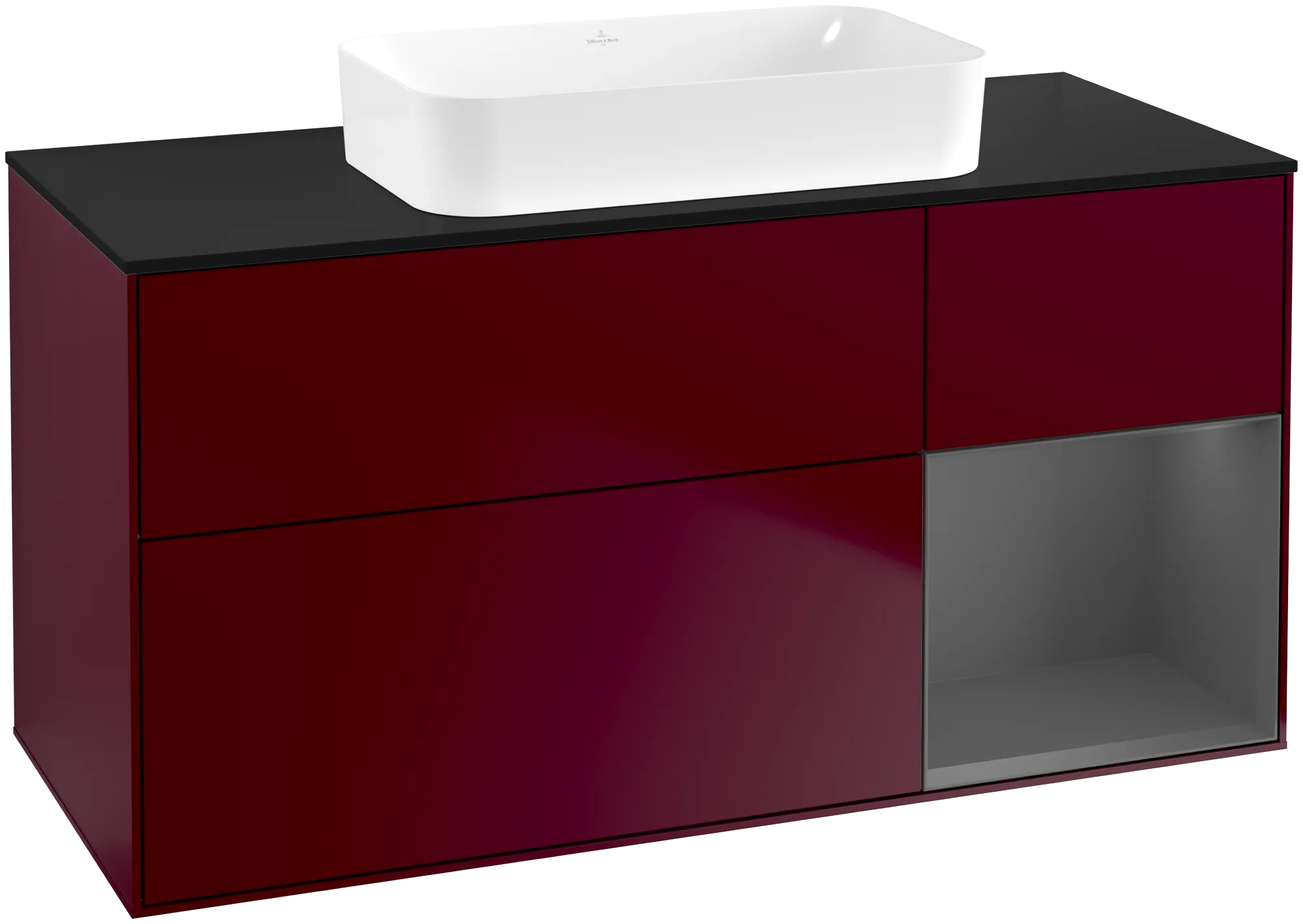 εικόνα του VILLEROY BOCH Finion Vanity unit, with lighting, 3 pull-out compartments, 1200 x 603 x 501 mm, Peony Matt Lacquer / Anthracite Matt Lacquer / Glass Black Matt #G712GKHB