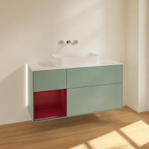 Bild von VILLEROY BOCH Finion Waschbeckenunterschrank, mit Beleuchtung, 3 Auszüge, 1200 x 603 x 501 mm, Olive Matt Lacquer / Peony Matt Lacquer / Glass White Matt #G701HBGM