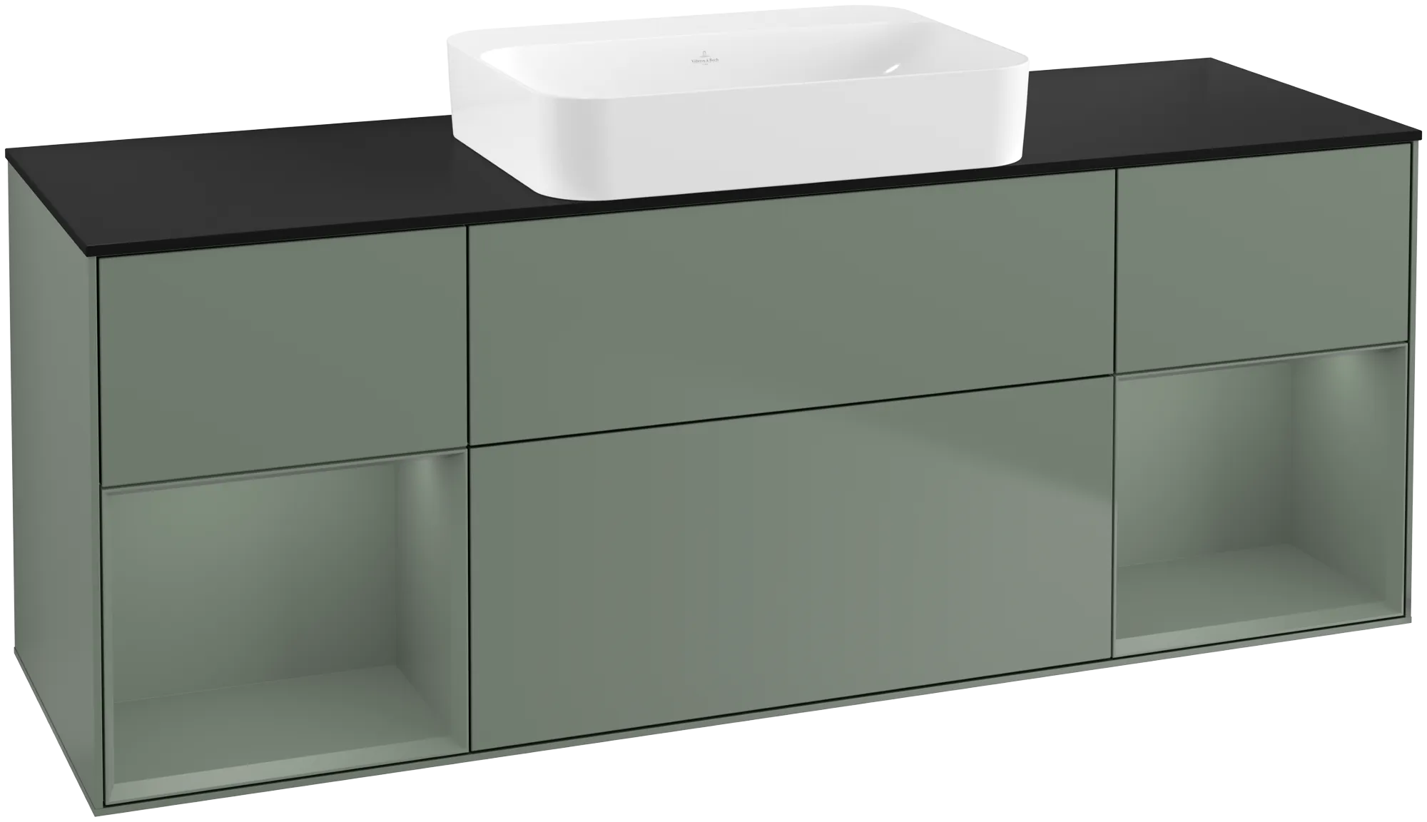 VILLEROY BOCH Finion Vanity unit, with lighting, 4 pull-out compartments, 1600 x 603 x 501 mm, Olive Matt Lacquer / Olive Matt Lacquer / Glass Black Matt #G742GMGM resmi