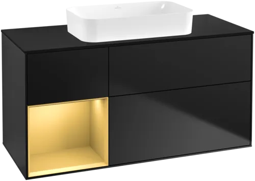 Picture of VILLEROY BOCH Finion Vanity unit, with lighting, 3 pull-out compartments, 1200 x 603 x 501 mm, Black Matt Lacquer / Gold Matt Lacquer / Glass Black Matt #G702HFPD