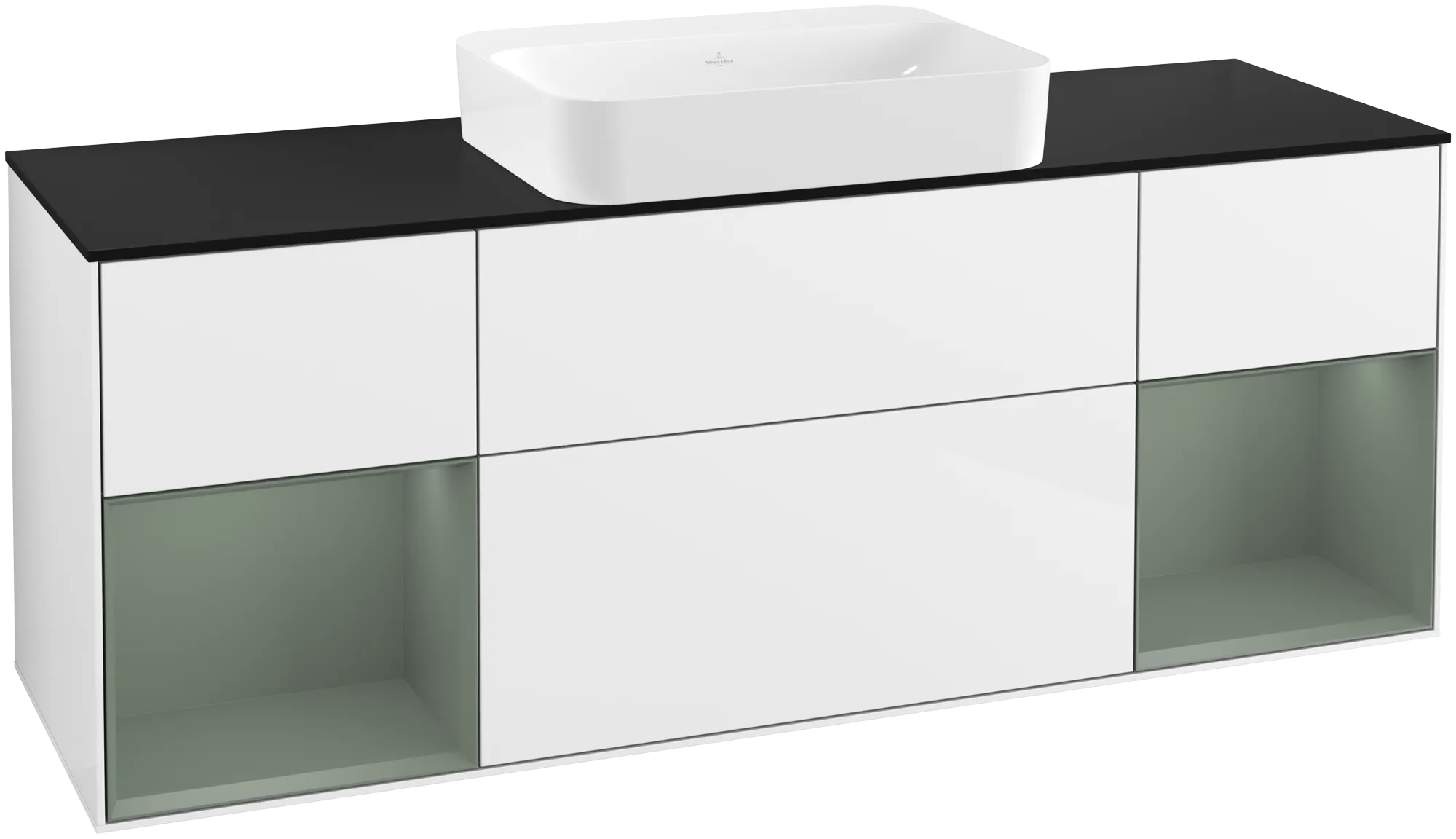 VILLEROY BOCH Finion Vanity unit, with lighting, 4 pull-out compartments, 1600 x 603 x 501 mm, Glossy White Lacquer / Olive Matt Lacquer / Glass Black Matt #G742GMGF resmi