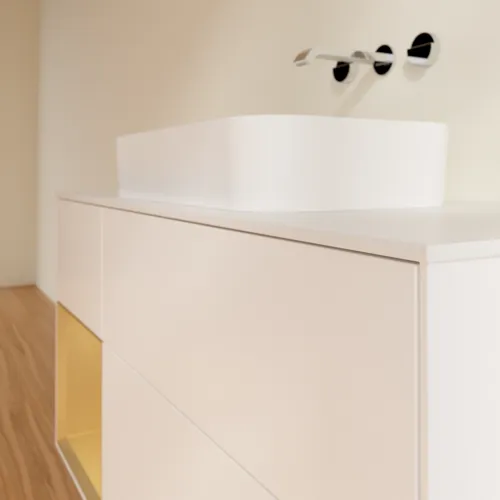 Bild von VILLEROY BOCH Finion Waschbeckenunterschrank, mit Beleuchtung, 3 Auszüge, 1200 x 603 x 501 mm, White Matt Lacquer / Gold Matt Lacquer / Glass White Matt #G701HFMT
