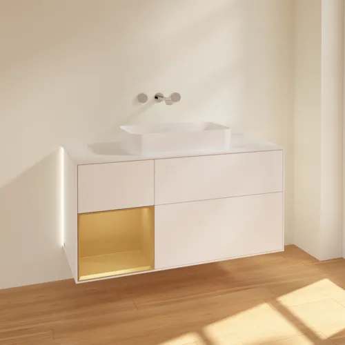 Bild von VILLEROY BOCH Finion Waschbeckenunterschrank, mit Beleuchtung, 3 Auszüge, 1200 x 603 x 501 mm, White Matt Lacquer / Gold Matt Lacquer / Glass White Matt #G701HFMT