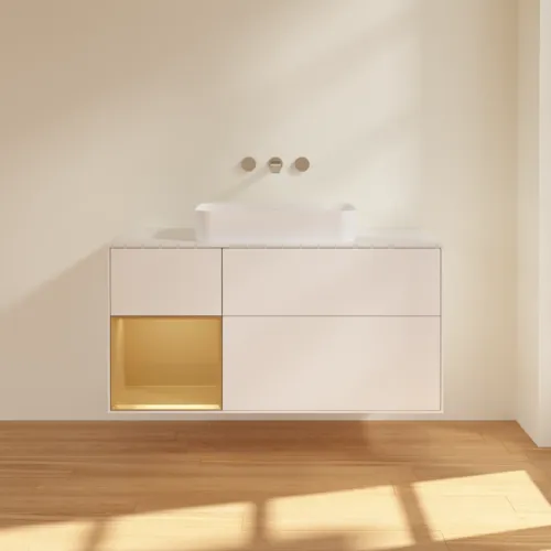 Bild von VILLEROY BOCH Finion Waschbeckenunterschrank, mit Beleuchtung, 3 Auszüge, 1200 x 603 x 501 mm, White Matt Lacquer / Gold Matt Lacquer / Glass White Matt #G701HFMT