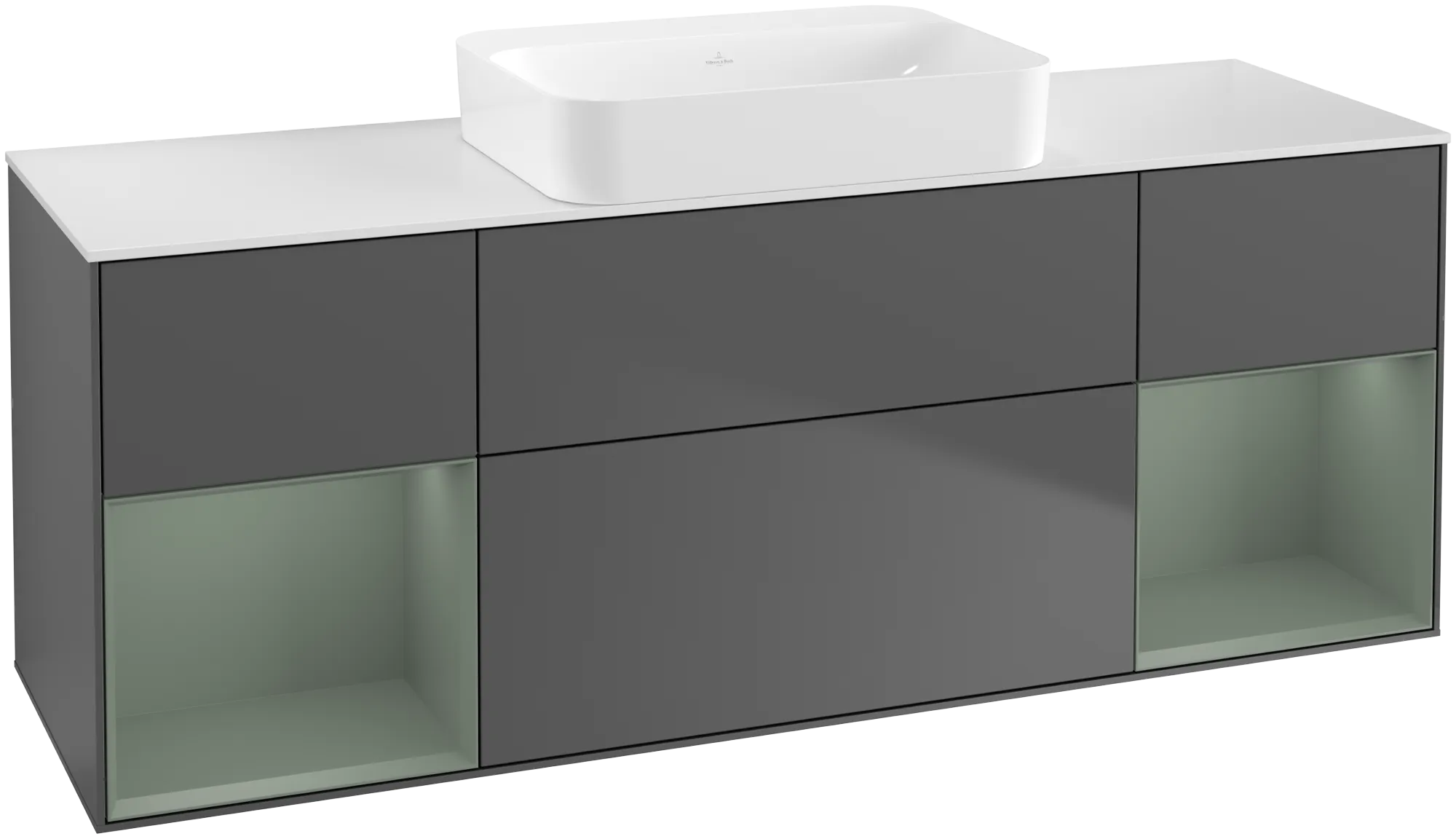 Obrázek VILLEROY BOCH Finion Vanity unit, with lighting, 4 pull-out compartments, 1600 x 603 x 501 mm, Anthracite Matt Lacquer / Olive Matt Lacquer / Glass White Matt #G741GMGK