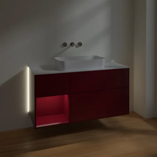 Bild von VILLEROY BOCH Finion Waschbeckenunterschrank, mit Beleuchtung, 3 Auszüge, 1200 x 603 x 501 mm, Peony Matt Lacquer / Peony Matt Lacquer / Glass White Matt #G701HBHB