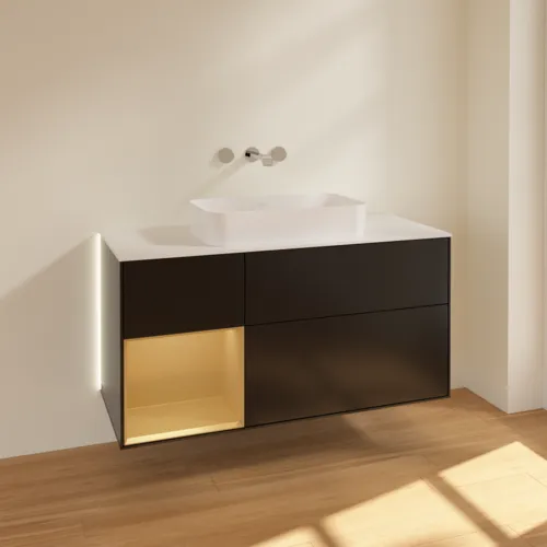 Bild von VILLEROY BOCH Finion Waschbeckenunterschrank, mit Beleuchtung, 3 Auszüge, 1200 x 603 x 501 mm, Black Matt Lacquer / Gold Matt Lacquer / Glass White Matt #G701HFPD