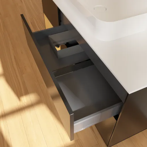 Bild von VILLEROY BOCH Finion Waschbeckenunterschrank, mit Beleuchtung, 3 Auszüge, 1200 x 603 x 501 mm, Black Matt Lacquer / Gold Matt Lacquer / Glass White Matt #G701HFPD