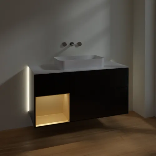 Bild von VILLEROY BOCH Finion Waschbeckenunterschrank, mit Beleuchtung, 3 Auszüge, 1200 x 603 x 501 mm, Black Matt Lacquer / Gold Matt Lacquer / Glass White Matt #G701HFPD