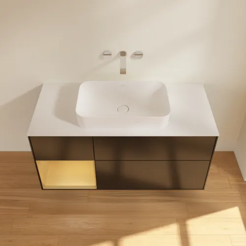 Bild von VILLEROY BOCH Finion Waschbeckenunterschrank, mit Beleuchtung, 3 Auszüge, 1200 x 603 x 501 mm, Black Matt Lacquer / Gold Matt Lacquer / Glass White Matt #G701HFPD