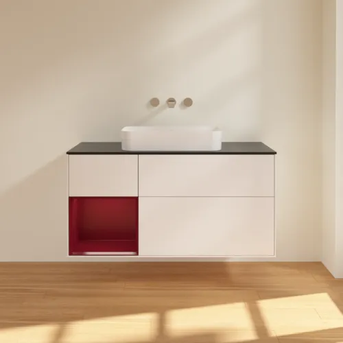 Bild von VILLEROY BOCH Finion Waschbeckenunterschrank, mit Beleuchtung, 3 Auszüge, 1200 x 603 x 501 mm, White Matt Lacquer / Peony Matt Lacquer / Glass Black Matt #G702HBMT