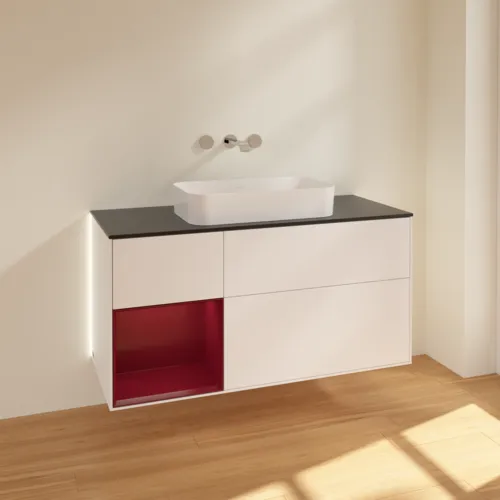 Bild von VILLEROY BOCH Finion Waschbeckenunterschrank, mit Beleuchtung, 3 Auszüge, 1200 x 603 x 501 mm, White Matt Lacquer / Peony Matt Lacquer / Glass Black Matt #G702HBMT