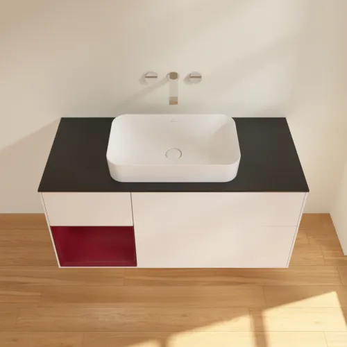 Bild von VILLEROY BOCH Finion Waschbeckenunterschrank, mit Beleuchtung, 3 Auszüge, 1200 x 603 x 501 mm, White Matt Lacquer / Peony Matt Lacquer / Glass Black Matt #G702HBMT