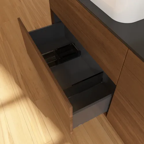 VILLEROY BOCH Finion Waschbeckenunterschrank, mit Beleuchtung, 4 Auszüge, 1600 x 603 x 501 mm, Walnut Veneer / Glass Black Matt #G72200GN, Bild 7