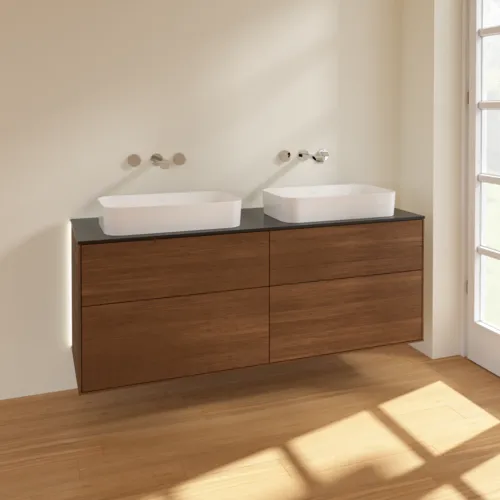 VILLEROY BOCH Finion Waschbeckenunterschrank, mit Beleuchtung, 4 Auszüge, 1600 x 603 x 501 mm, Walnut Veneer / Glass Black Matt #G72200GN, Bild 2