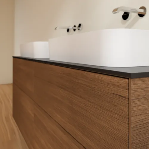 VILLEROY BOCH Finion Waschbeckenunterschrank, mit Beleuchtung, 4 Auszüge, 1600 x 603 x 501 mm, Walnut Veneer / Glass Black Matt #G72200GN, Bild 6