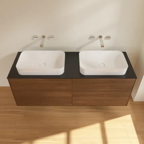 VILLEROY BOCH Finion Waschbeckenunterschrank, mit Beleuchtung, 4 Auszüge, 1600 x 603 x 501 mm, Walnut Veneer / Glass Black Matt #G72200GN, Bild 4