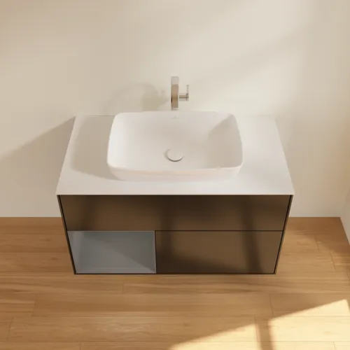 Bild von VILLEROY BOCH Finion Waschbeckenunterschrank, mit Beleuchtung, 2 Auszüge, 1000 x 603 x 501 mm, Black Matt Lacquer / Anthracite Matt Lacquer / Glass White Matt #G771GKPD