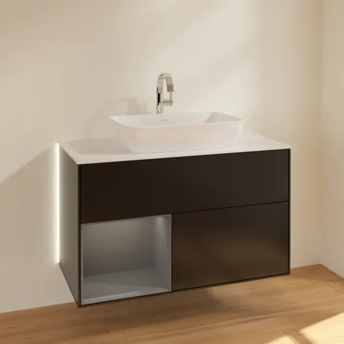 Bild von VILLEROY BOCH Finion Waschbeckenunterschrank, mit Beleuchtung, 2 Auszüge, 1000 x 603 x 501 mm, Black Matt Lacquer / Anthracite Matt Lacquer / Glass White Matt #G771GKPD