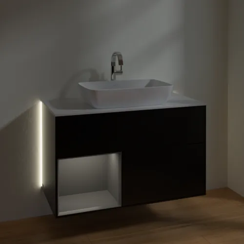 Bild von VILLEROY BOCH Finion Waschbeckenunterschrank, mit Beleuchtung, 2 Auszüge, 1000 x 603 x 501 mm, Black Matt Lacquer / Anthracite Matt Lacquer / Glass White Matt #G771GKPD