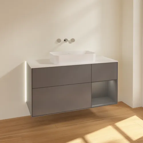 Bild von VILLEROY BOCH Finion Waschbeckenunterschrank, mit Beleuchtung, 3 Auszüge, 1200 x 603 x 501 mm, Anthracite Matt Lacquer / Anthracite Matt Lacquer / Glass White Matt #G711GKGK