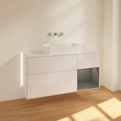Bild von VILLEROY BOCH Finion Waschbeckenunterschrank, mit Beleuchtung, 3 Auszüge, 1200 x 603 x 501 mm, Glossy White Lacquer / Anthracite Matt Lacquer / Glass White Matt #G711GKGF