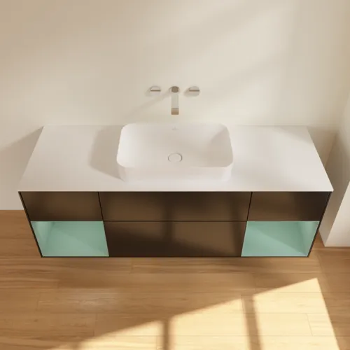 Bild von VILLEROY BOCH Finion Waschbeckenunterschrank, mit Beleuchtung, 4 Auszüge, 1600 x 603 x 501 mm, Black Matt Lacquer / Olive Matt Lacquer / Glass White Matt #G741GMPD