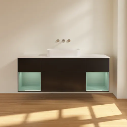 Bild von VILLEROY BOCH Finion Waschbeckenunterschrank, mit Beleuchtung, 4 Auszüge, 1600 x 603 x 501 mm, Black Matt Lacquer / Olive Matt Lacquer / Glass White Matt #G741GMPD