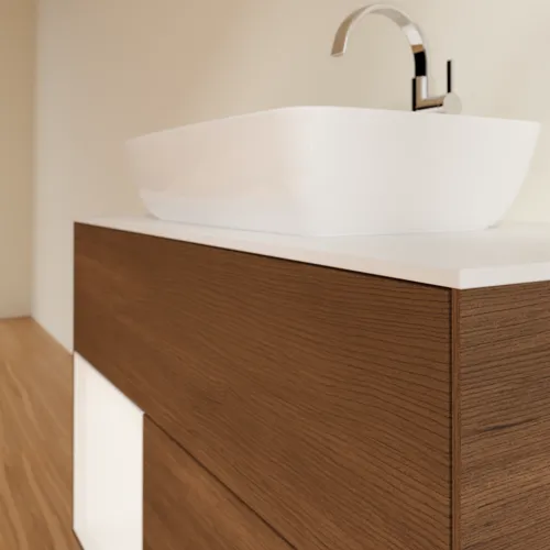 Picture of VILLEROY BOCH Finion Vanity unit, with lighting, 2 pull-out compartments, 1000 x 603 x 501 mm, Walnut Veneer / White Matt Lacquer / Glass White Matt #G771MTGN