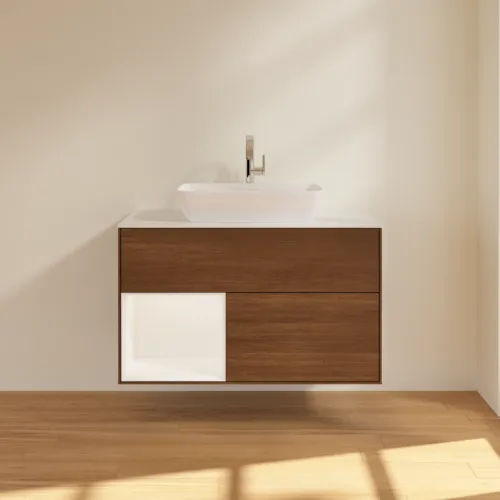 Picture of VILLEROY BOCH Finion Vanity unit, with lighting, 2 pull-out compartments, 1000 x 603 x 501 mm, Walnut Veneer / White Matt Lacquer / Glass White Matt #G771MTGN
