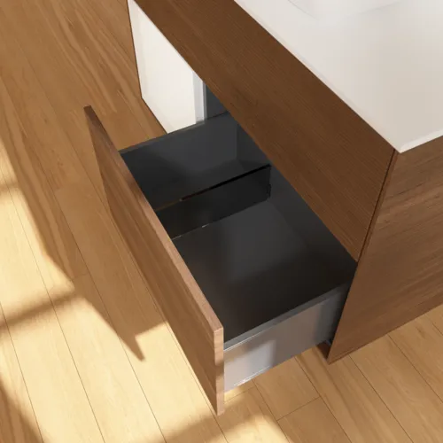 Picture of VILLEROY BOCH Finion Vanity unit, with lighting, 2 pull-out compartments, 1000 x 603 x 501 mm, Walnut Veneer / White Matt Lacquer / Glass White Matt #G771MTGN