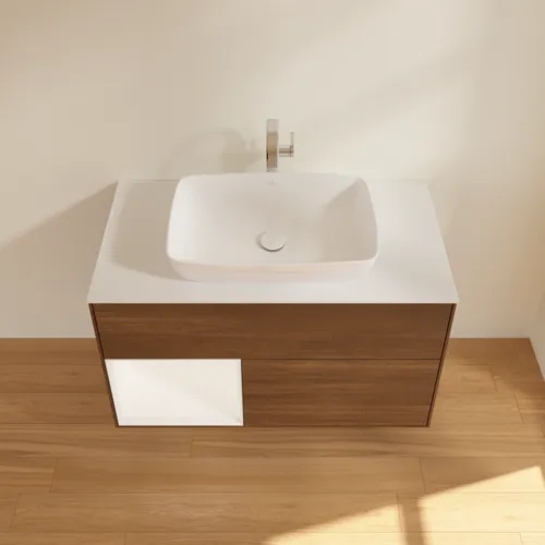 Picture of VILLEROY BOCH Finion Vanity unit, with lighting, 2 pull-out compartments, 1000 x 603 x 501 mm, Walnut Veneer / White Matt Lacquer / Glass White Matt #G771MTGN