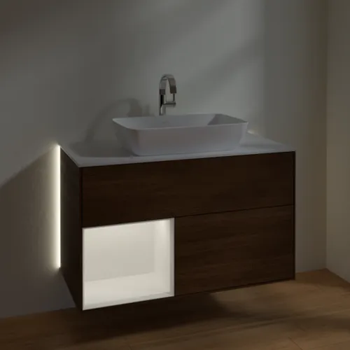 Picture of VILLEROY BOCH Finion Vanity unit, with lighting, 2 pull-out compartments, 1000 x 603 x 501 mm, Walnut Veneer / White Matt Lacquer / Glass White Matt #G771MTGN