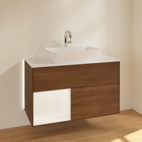 Picture of VILLEROY BOCH Finion Vanity unit, with lighting, 2 pull-out compartments, 1000 x 603 x 501 mm, Walnut Veneer / White Matt Lacquer / Glass White Matt #G771MTGN