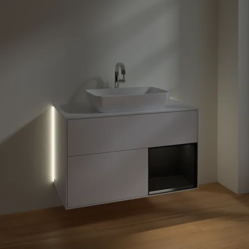Bild von VILLEROY BOCH Finion Waschbeckenunterschrank, mit Beleuchtung, 2 Auszüge, 1000 x 603 x 501 mm, Glossy White Lacquer / Black Matt Lacquer / Glass White Matt #G781PDGF