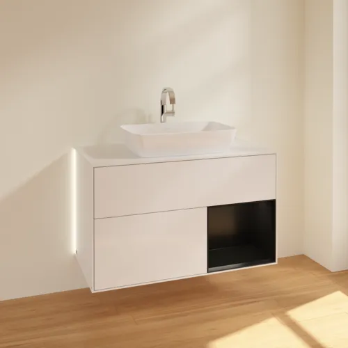 Bild von VILLEROY BOCH Finion Waschbeckenunterschrank, mit Beleuchtung, 2 Auszüge, 1000 x 603 x 501 mm, Glossy White Lacquer / Black Matt Lacquer / Glass White Matt #G781PDGF