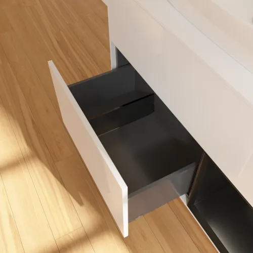 Bild von VILLEROY BOCH Finion Waschbeckenunterschrank, mit Beleuchtung, 2 Auszüge, 1000 x 603 x 501 mm, Glossy White Lacquer / Black Matt Lacquer / Glass White Matt #G781PDGF