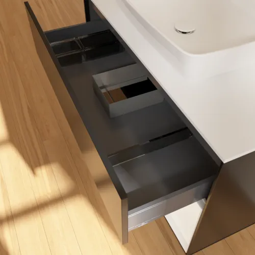 Bild von VILLEROY BOCH Finion Waschbeckenunterschrank, mit Beleuchtung, 2 Auszüge, 1000 x 603 x 501 mm, Black Matt Lacquer / White Matt Lacquer / Glass White Matt #G781MTPD
