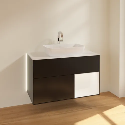 Bild von VILLEROY BOCH Finion Waschbeckenunterschrank, mit Beleuchtung, 2 Auszüge, 1000 x 603 x 501 mm, Black Matt Lacquer / White Matt Lacquer / Glass White Matt #G781MTPD