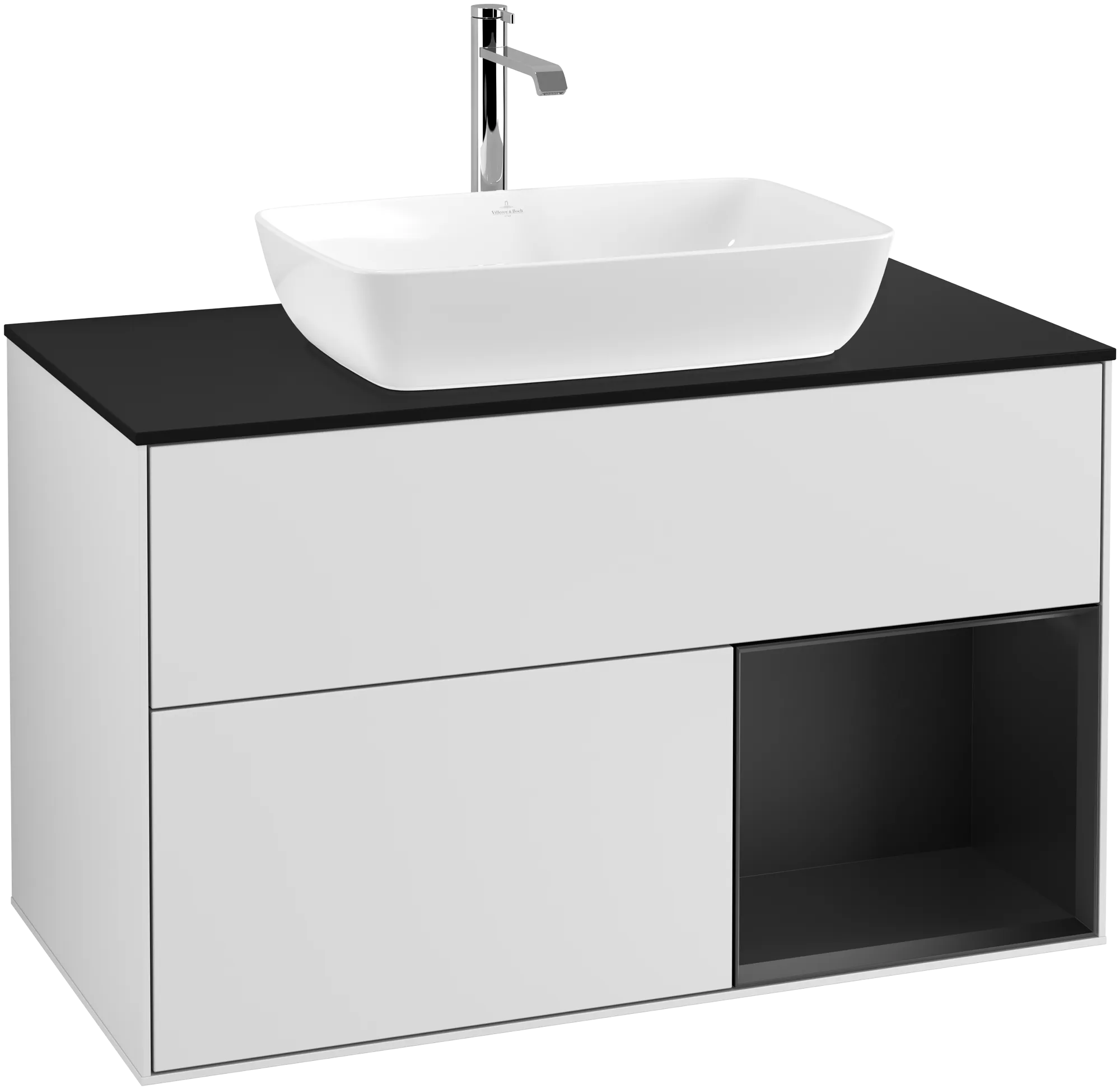 Picture of VILLEROY BOCH Finion Vanity unit, with lighting, 2 pull-out compartments, 1000 x 603 x 501 mm, White Matt Lacquer / Black Matt Lacquer / Glass Black Matt #G782PDMT